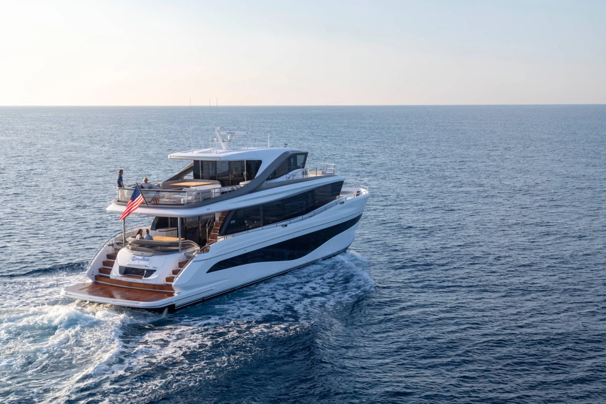 Luxurious 2026 Princess X80 yacht cruising on open sea, showcasing sleek design and elegance.