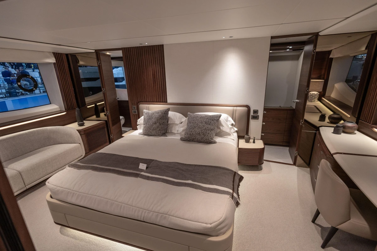 Luxurious bedroom interior of 2026 Princess X80 yacht, featuring elegant design and modern amenities.