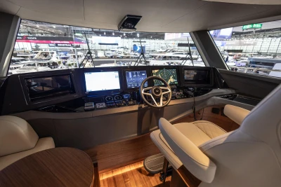 Modern helm of 2026 Princess X80 yacht with advanced navigation systems.