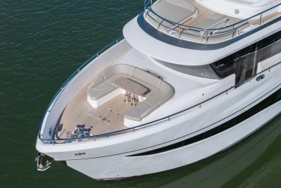 Luxurious 2026 Princess X80 yacht with elegant deck seating and modern design.