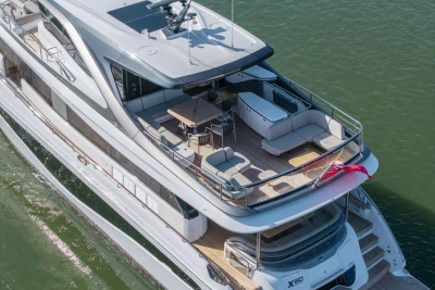 Luxurious 2026 Princess X80 yacht with spacious deck and elegant design on the water.
