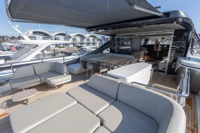 Luxurious 2026 Princess X80 yacht with spacious deck and modern seating area.