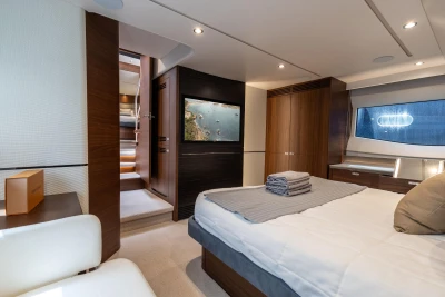 Luxurious cabin of the 2023 Princess S62 yacht.