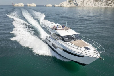 Luxury Princess F50 yacht cruising on open water, 2022 model.