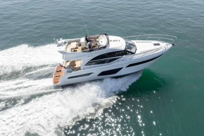 2022 Princess F50 yacht cruising on open water, showcasing sleek design and luxury features.