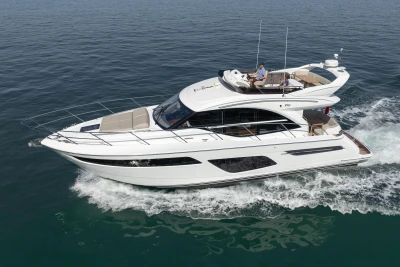 2022 Princess F50 yacht cruising on open water, showcasing sleek design and luxury features.