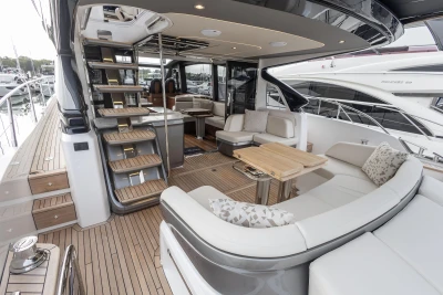 Luxurious 2025 Princess S65 yacht interior with elegant seating and modern design.