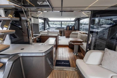 Luxurious interior of 2025 Princess S65 yacht with modern design and elegant furnishings.