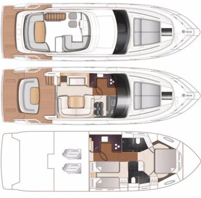 Layout of Princess 43 yacht, 2015 model, featuring three decks.